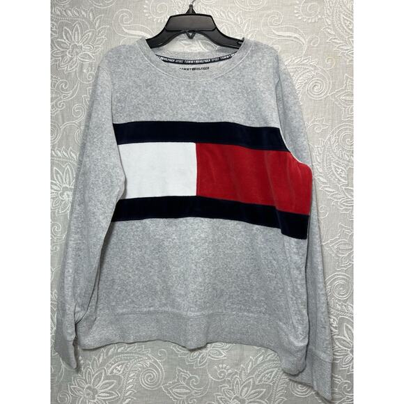 Tommy Hilfiger Sport Velour Big Logo Flag Long Sleeve Pullover Sweatshirt XL - Picture 1 of 5